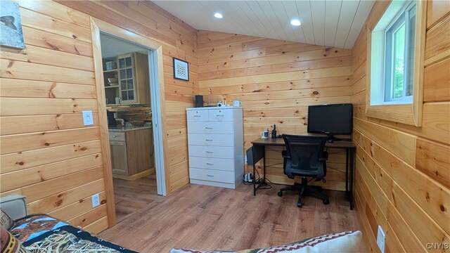 6234 Reservoir Rd, Lebanon, NY 13346 - office featuring wood finished floors, recessed lighting, wooden walls, lofted ceiling, and wood ceiling