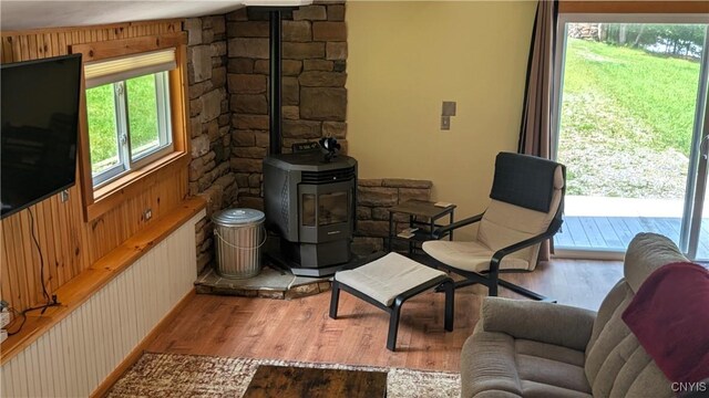 6234 Reservoir Rd, Lebanon, NY 13346 - living area with a wood stove and wood finished floors