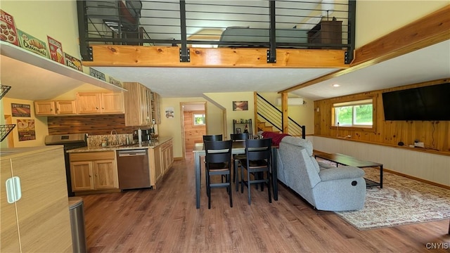 6234 Reservoir Rd, Lebanon, NY 13346 - kitchen with dishwasher, wood finished floors, light brown cabinetry, a wall mounted AC, and tasteful backsplash