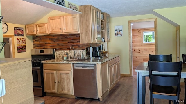 6234 Reservoir Rd, Lebanon, NY 13346 - kitchen featuring stainless steel appliances, backsplash, a textured ceiling, light brown cabinets, and dark wood finished floors
