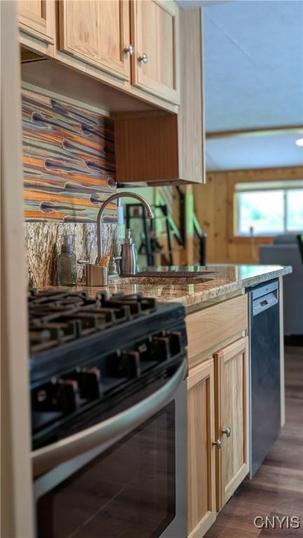 6234 Reservoir Rd, Lebanon, NY 13346 - kitchen featuring stainless steel appliances, dark wood finished floors, and light stone countertops