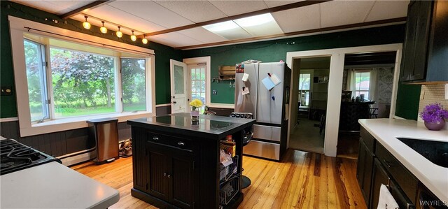 7029 Akron Rd, Lockport Town, NY 14094 - kitchen featuring freestanding refrigerator, dark cabinetry, light wood-style floors, and healthy amount of natural light