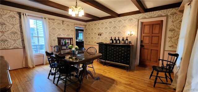 7029 Akron Rd, Lockport Town, NY 14094 - dining area featuring wallpapered walls, wainscoting, wood-type flooring, healthy amount of natural light, and beamed ceiling