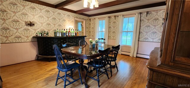 7029 Akron Rd, Lockport Town, NY 14094 - dining area with wallpapered walls, a wainscoted wall, hardwood / wood-style floors, beamed ceiling, and baseboard heating