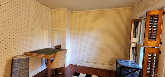 7029 Akron Rd, Lockport Town, NY 14094 - office space featuring wallpapered walls, wood-type flooring, and ornamental molding