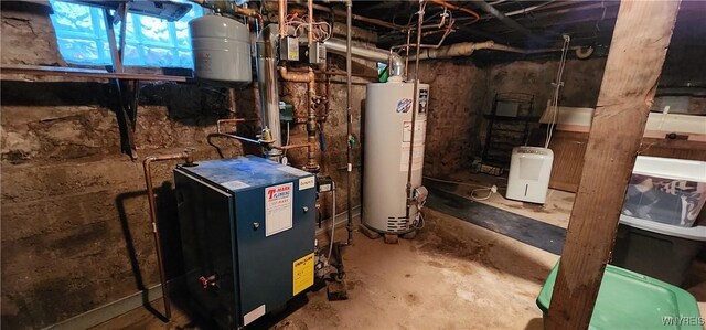 7029 Akron Rd, Lockport Town, NY 14094 - utility room featuring gas water heater and a heating unit