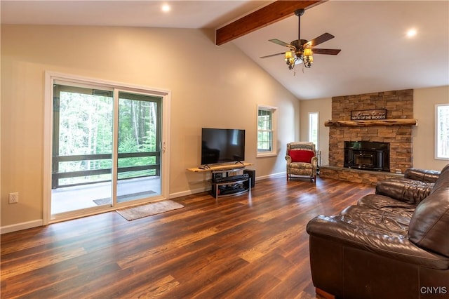 217 Sloperville Rd, Albion, NY 13302 - living room featuring beam ceiling, a ceiling fan, dark wood-type flooring, a fireplace, and high vaulted ceiling