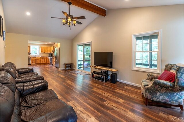 217 Sloperville Rd, Albion, NY 13302 - living room featuring beam ceiling, ceiling fan, dark wood-style flooring, and high vaulted ceiling