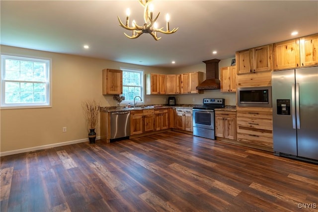 217 Sloperville Rd, Albion, NY 13302 - kitchen featuring stainless steel appliances, wall chimney range hood, a chandelier, dark wood-style floors, and recessed lighting