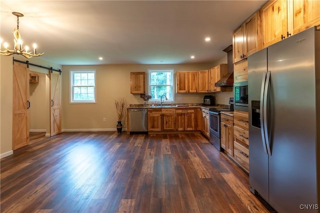 217 Sloperville Rd, Albion, NY 13302 - kitchen featuring stainless steel appliances, dark wood finished floors, plenty of natural light, a chandelier, and recessed lighting