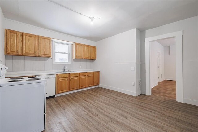 123 Rauber St, Rochester, NY 14605 - kitchen with white appliances, light wood-type flooring, and light countertops
