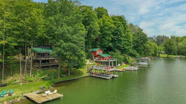 8567 Glen Rd, Rushford, NY 14777 - dock featuring stairs, a forest view, and a deck with water view