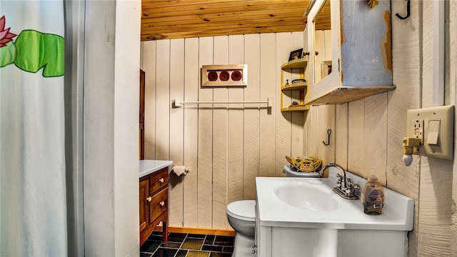 8567 Glen Rd, Rushford, NY 14777 - bathroom with vanity, wooden walls, and wooden ceiling