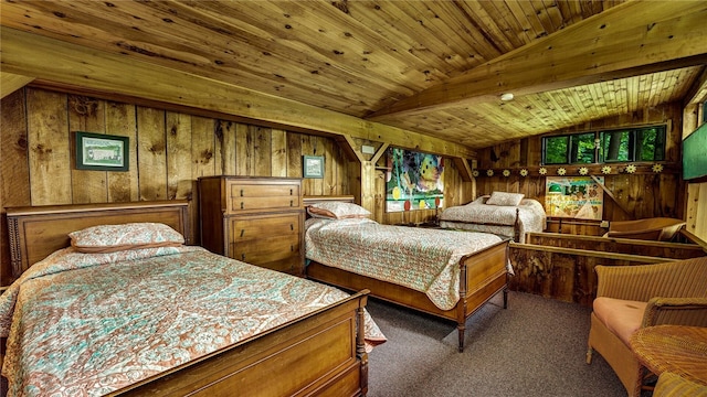 8567 Glen Rd, Rushford, NY 14777 - carpeted bedroom with wood walls and lofted ceiling