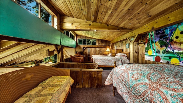 8567 Glen Rd, Rushford, NY 14777 - carpeted bedroom featuring wood walls, multiple windows, and wooden ceiling