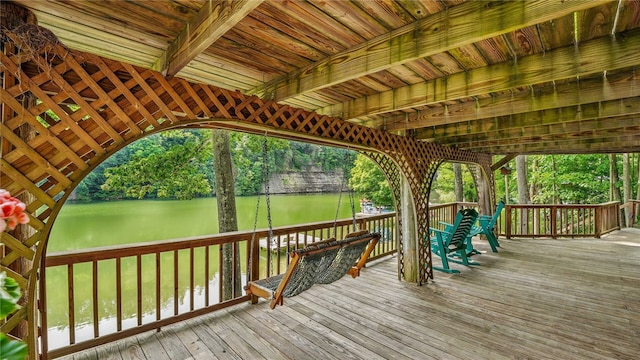 8567 Glen Rd, Rushford, NY 14777 - wooden terrace with a water view and view of wooded area