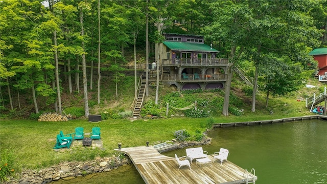 8567 Glen Rd, Rushford, NY 14777 - dock area featuring stairs, a yard, and a deck with water view