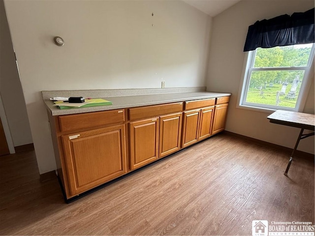 540 W Creek Rd, Owego, NY 13827 - kitchen with light wood-type flooring, brown cabinetry, light countertops, and vaulted ceiling