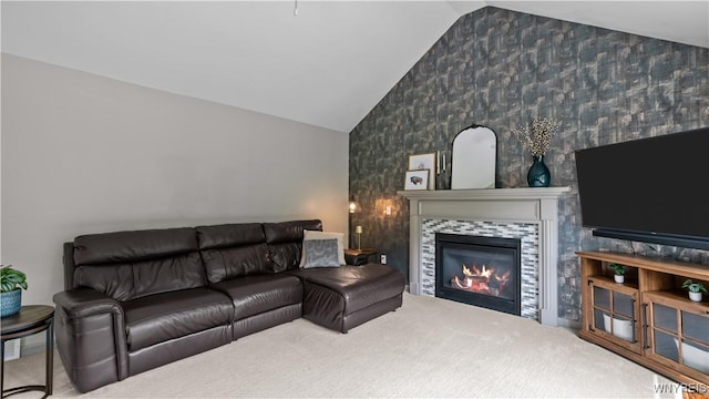 127 Boxelder Ln, Amherst, NY 14228 - carpeted living room with vaulted ceiling and a tile fireplace