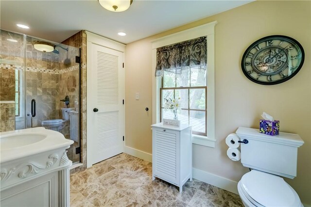 38 E Ave, Murray, NY 14470 - full bathroom with a shower stall, vanity, recessed lighting, and a closet