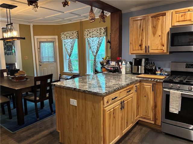 15 Water St, Worcester, NY 12197 - kitchen featuring stainless steel appliances, dark wood finished floors, a peninsula, dark stone countertops, and ornamental molding