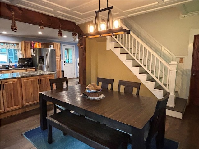 15 Water St, Worcester, NY 12197 - dining room with stairs, dark wood-style flooring, and a chandelier