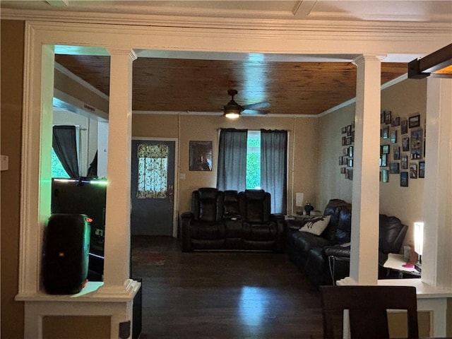 15 Water St, Worcester, NY 12197 - living area featuring ornamental molding, ceiling fan, and wood finished floors