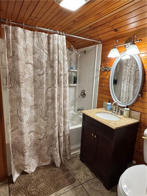 15 Water St, Worcester, NY 12197 - bathroom with wooden ceiling, shower / bath combo, tile patterned floors, vanity, and wooden walls