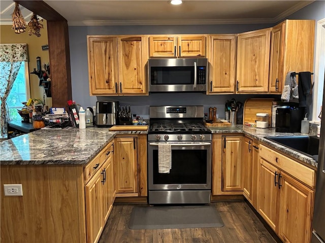 15 Water St, Worcester, NY 12197 - kitchen featuring stainless steel appliances, a peninsula, crown molding, dark wood-style floors, and dark stone counters