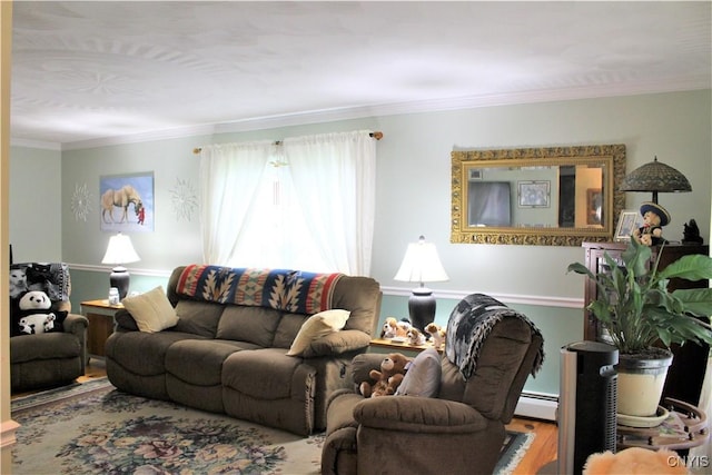 1808 Mulholland Rd, Vienna, NY 13123 - living room with ornamental molding, a baseboard heating unit, and wood finished floors