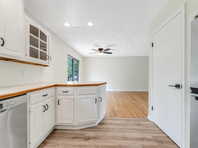 1333 Wayneport Rd, Macedon, NY 14502 - kitchen with dishwasher, ceiling fan, glass insert cabinets, white cabinets, and recessed lighting