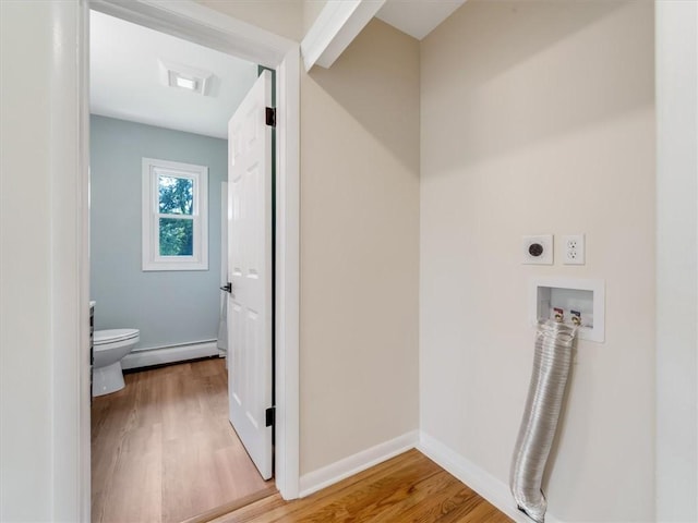 1333 Wayneport Rd, Macedon, NY 14502 - laundry area with hookup for an electric dryer, baseboard heating, wood finished floors, and washer hookup
