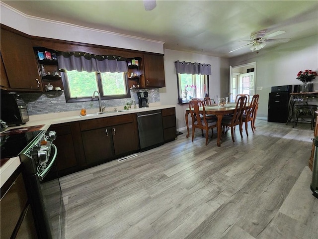 8637 State Route 415, Campbell, NY 14821 - kitchen featuring open shelves, black range oven, dishwashing machine, dark brown cabinetry, and decorative backsplash