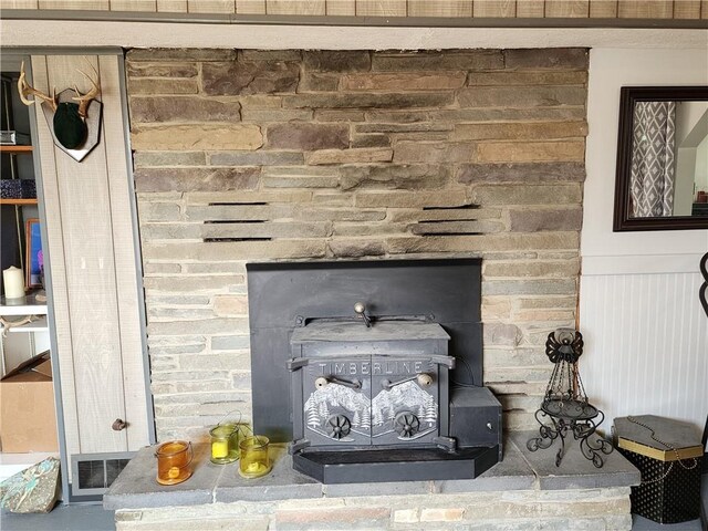 8637 State Route 415, Campbell, NY 14821 - detailed view of a wood stove and a wainscoted wall