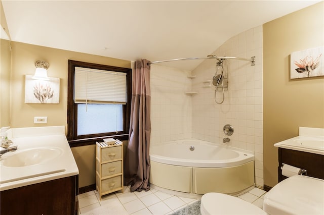 3389 Culver Rd, Irondequoit, NY 14622 - full bathroom with vanity, shower / bathtub combination with curtain, tile patterned floors, and vaulted ceiling