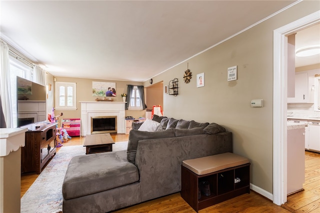3389 Culver Rd, Irondequoit, NY 14622 - living area with wood finished floors, a fireplace, and ornamental molding
