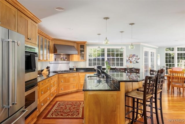 117 Halwill Dr, Amherst, NY 14226 - kitchen featuring appliances with stainless steel finishes, wall chimney exhaust hood, light wood-style floors, a breakfast bar, and healthy amount of natural light