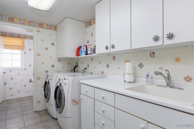 117 Halwill Dr, Amherst, NY 14226 - laundry room featuring cabinet space, wallpapered walls, separate washer and dryer, and light tile patterned floors