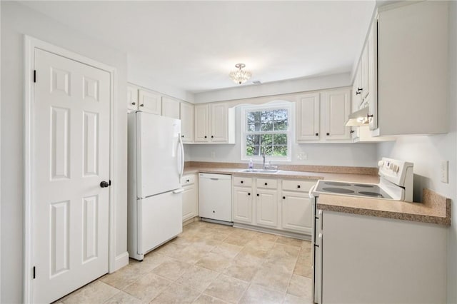 1A Salmon Run, Parma, NY 14468 - kitchen featuring white appliances, under cabinet range hood, and white cabinetry