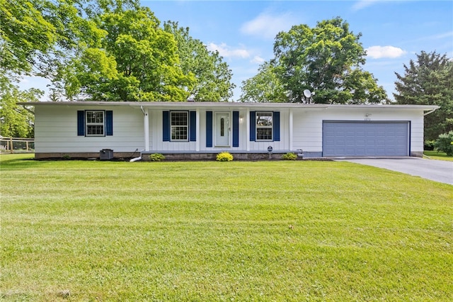 1372 Canandaigua Rd, Macedon, NY 14502 - ranch-style house with a porch, a garage, concrete driveway, a front lawn, and board and batten siding