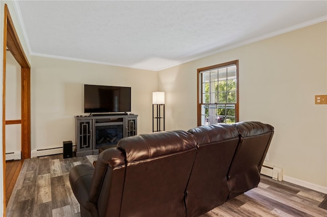 1372 Canandaigua Rd, Macedon, NY 14502 - living room with wood finished floors, baseboard heating, crown molding, a fireplace, and a baseboard radiator