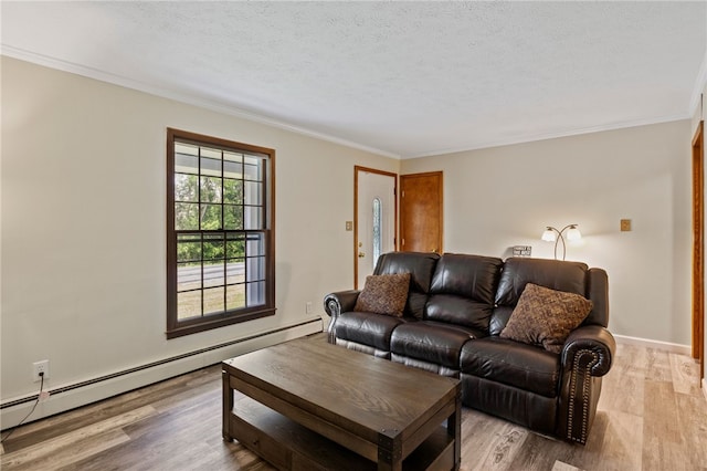 1372 Canandaigua Rd, Macedon, NY 14502 - living room with baseboard heating, light wood-style floors, crown molding, and a textured ceiling