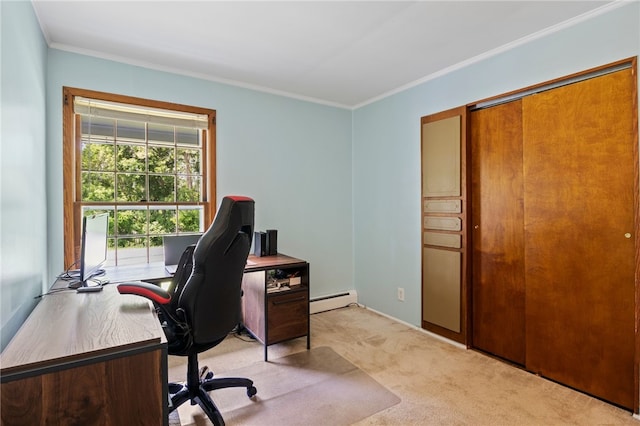 1372 Canandaigua Rd, Macedon, NY 14502 - office area featuring baseboard heating, crown molding, and light carpet