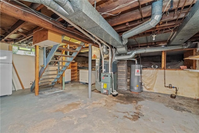 225 Dorking Rd, Brighton, NY 14610 - basement featuring freestanding refrigerator, gas water heater, heating unit, and stairs