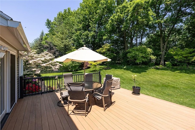 100 Broadmoor Trl, Perinton, NY 14450 - wooden terrace featuring outdoor dining space, a lawn, and view of scattered trees