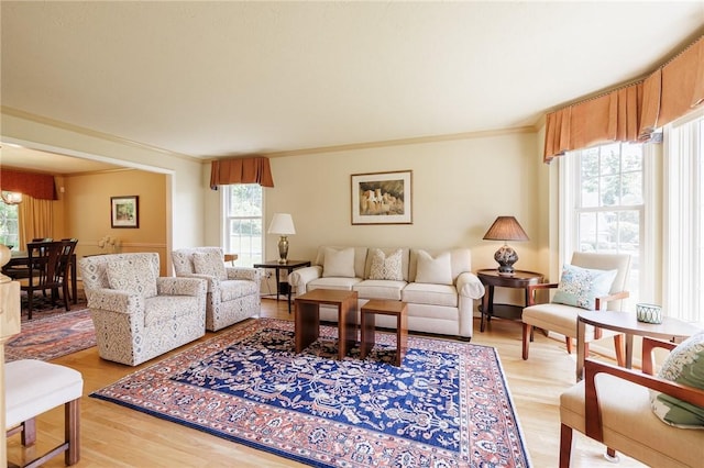 100 Broadmoor Trl, Perinton, NY 14450 - living area featuring crown molding, plenty of natural light, light wood-style floors, and a chandelier