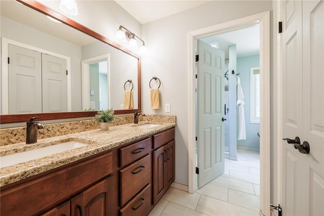 100 Broadmoor Trl, Perinton, NY 14450 - bathroom featuring double vanity, tile patterned flooring, and a shower with shower curtain