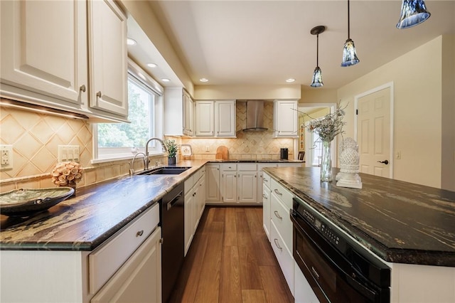 100 Broadmoor Trl, Perinton, NY 14450 - kitchen with wall chimney range hood, black appliances, dark wood-style flooring, recessed lighting, and white cabinets