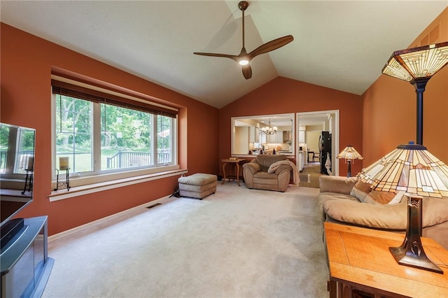 100 Broadmoor Trl, Perinton, NY 14450 - living area with a chandelier, ceiling fan, lofted ceiling, and carpet flooring