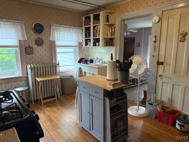 213 N Madison St, Rome-Inside, NY 13440 - kitchen featuring radiator, wallpapered walls, gray cabinets, open shelves, and light wood-type flooring